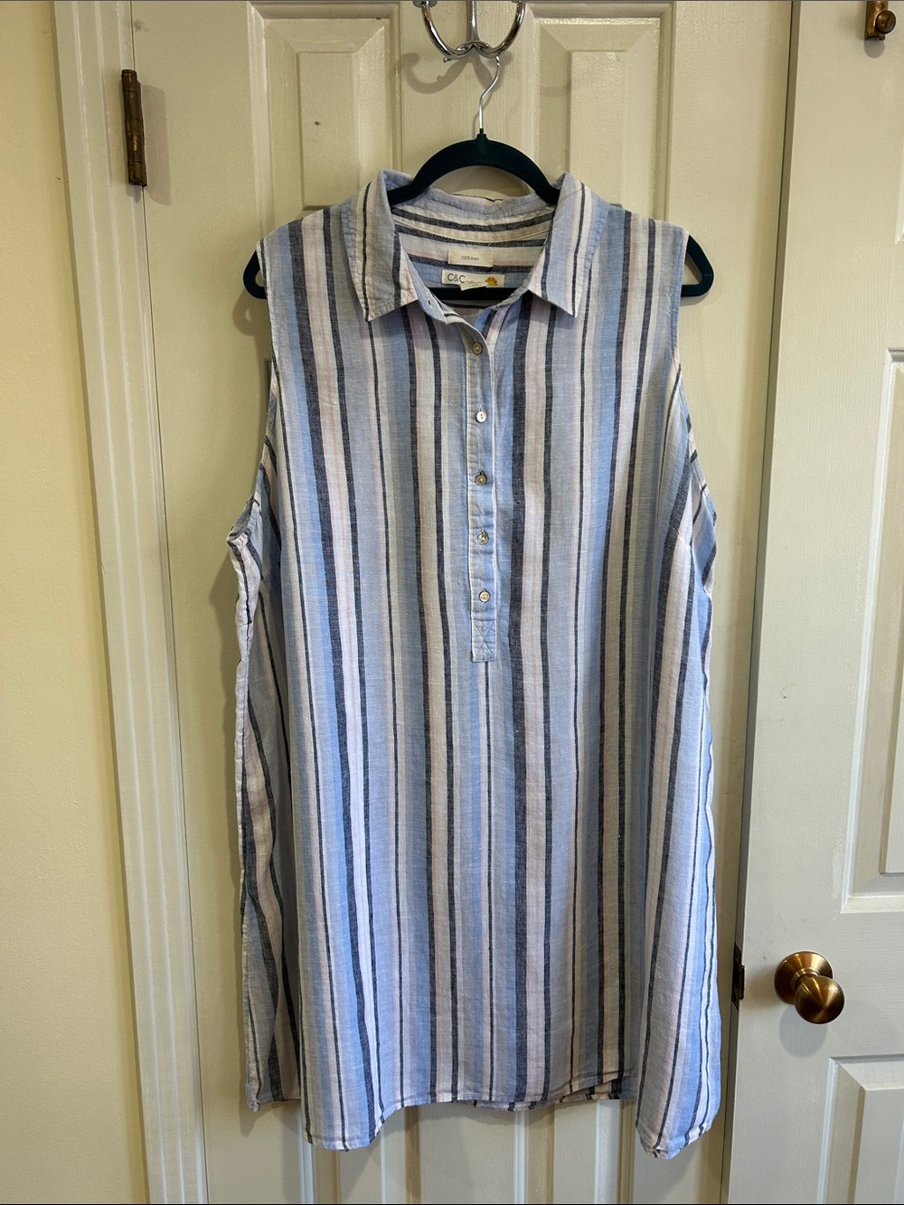 Blue Striped Linen Sleeveless Dress